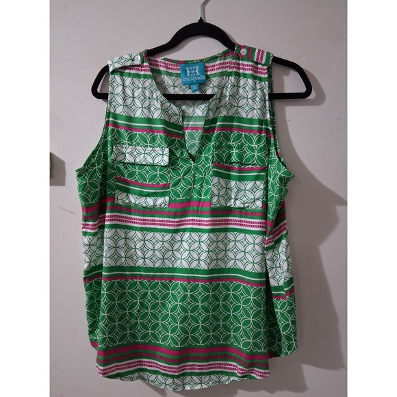 escapada Tops - Escapada Womens XL Green Pink Geometric Stripe Sleeveless Split Neck Rayon Top